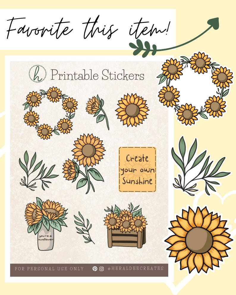 printable sunflower stickers aesthetic stickers spring etsy