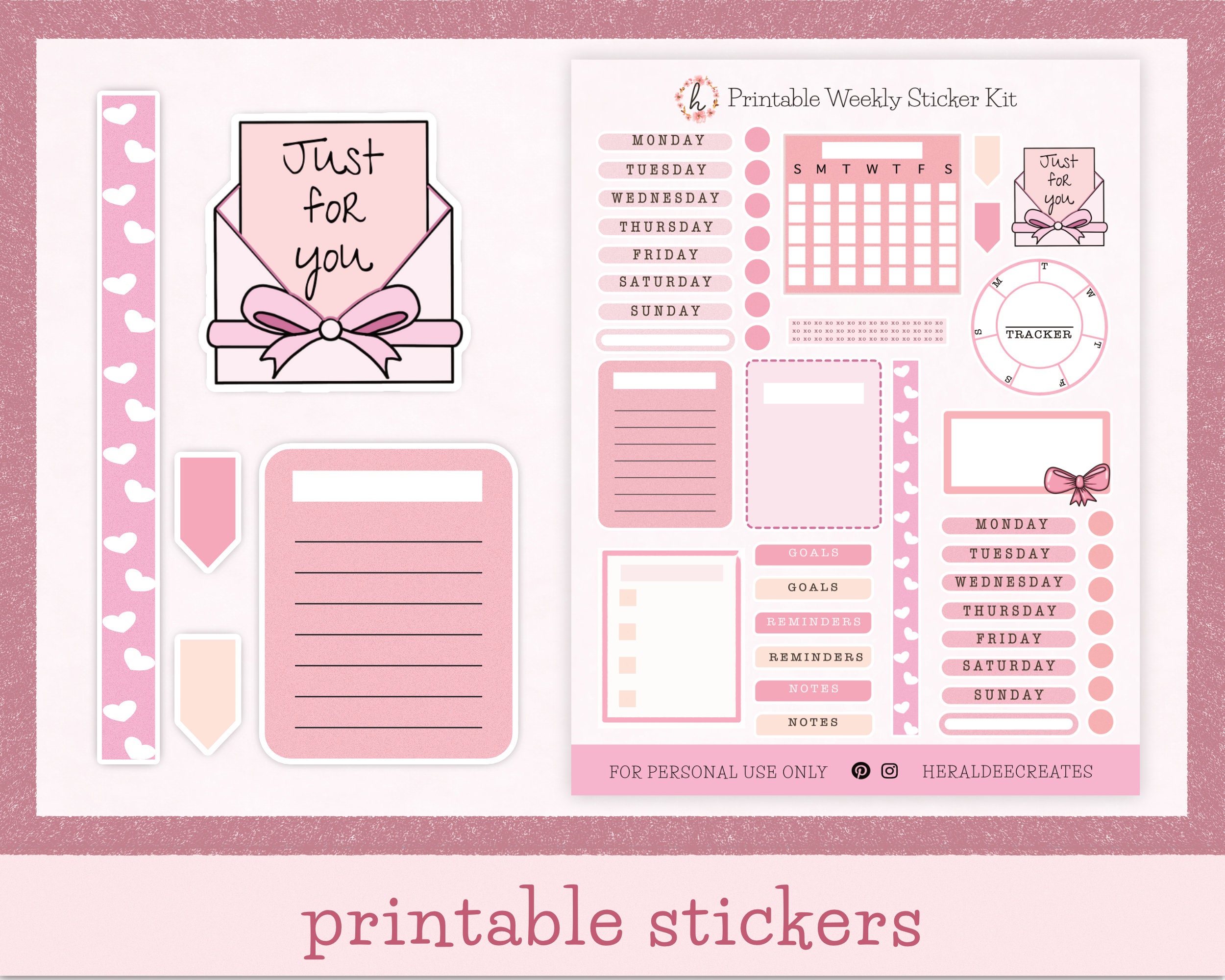 printable bullet journal kit pink hearts weekly stickers
