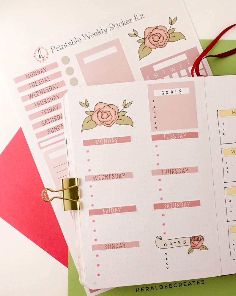 printable bullet journal kit rose theme stickers functional etsy