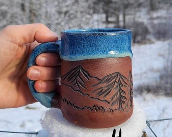 Handmade Mugs | Pottery Mugs | Carved Mug | Blue Glaze | Ceramic Mug | Nature Mug | Scraffito | Gift | Cabin and Mountain Mug| 10 Available