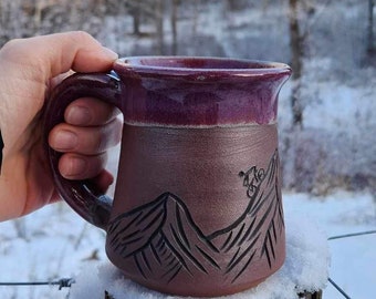 Handmade Mugs | Pottery Mugs | Carved Mug | Blue Glaze | Ceramic Mug | Nature Mug | Scraffito | Gift | Cabin and Mountain Mug| 10 Available