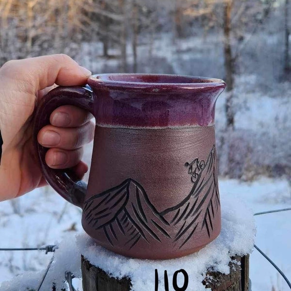 Handmade Mugs | Pottery Mugs | Carved Mug | Blue Glaze | Ceramic Mug | Nature Mug | Scraffito | Gift | Cabin and Mountain Mug| 10 Available