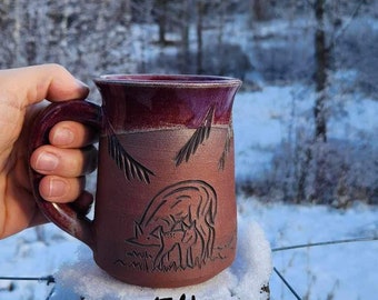 Handmade Mugs | Pottery Mugs | Carved Mug | Blue Glaze | Ceramic Mug | Nature Mug | Scraffito | Gift | Cabin and Mountain Mug| 8 Available
