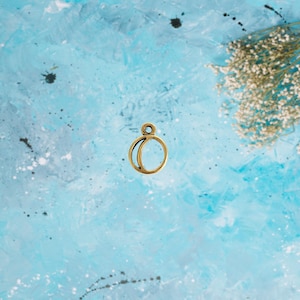 May include: A gold-colored pendant with a circular design and a small loop at the top. The pendant is set against a light blue background with white and black paint splatters and a cluster of dried flowers.