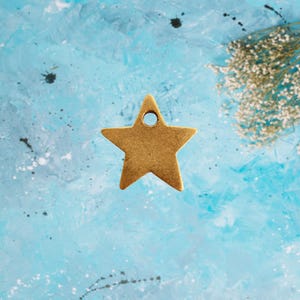 May include: A gold star-shaped charm with a hole in the center, against a light blue background.