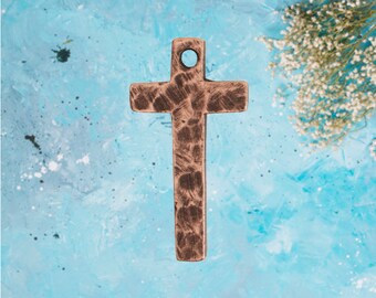 Cross Narrow Hammered Antique Copper Plated Charm