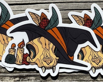 Witch Cat Skull Vinyl Sticker