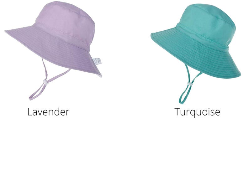 May include: Two sun hats, one lavender and one turquoise, with a wide brim and a chin strap.