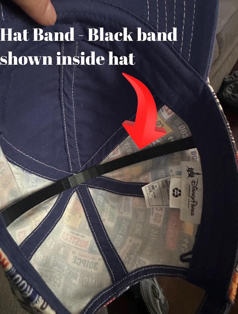 May include: A blue baseball cap with a black band inside. The cap has a colorful pattern on the outside with the text "Disney Parks" and "602 2401800" visible.