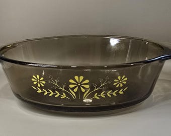 Vintage Jeannette Glasbake Yellow Daisy Amber Glass Casserole Dish