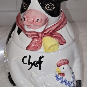 Vintage Farmhouse Cow Cookie Jar, Chef Cow Cookie Jar with Chicken in a Basket
