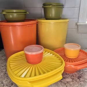 Set of 8 Harvest Colored Vintage Tupperware Servalier Containers with Accordian Lids