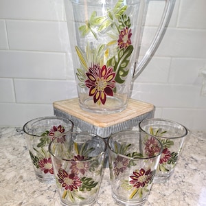 Acrylic Floral Pitcher and Drinking Glasses Set, 5 Piece Drink Set, Drink Ware