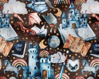 Storybook Fantasy (Coco) - Fabric Printed By The Yard - Polyester 4 Way Stretch - Cotton Fabric - Dragon Castle Fabric