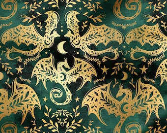 Scandi Dragons (Emerald) - Fabric Printed By The Yard - Polyester 4 Way Stretch - Cotton Fabric - Golden Dragon Fabric