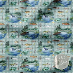 May include: A repeating pattern fabric featuring a fishing theme. The design includes illustrations of fish, fishing rods, nets, tackle boxes, and serene lake scenes with ducks. The background has a light green and white checkered pattern.