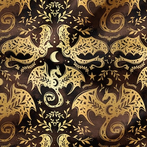 Scandi Dragons (Coco) - Fabric Printed By The Yard - Polyester 4 Way Stretch - Cotton Fabric - Golden Dragon Fabric