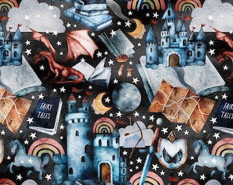 Storybook Fantasy (Jet) - Fabric Printed By The Yard - Polyester 4 Way Stretch - Cotton Fabric - Dragon Castle Fabric