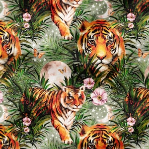 Queen of The Jungle (Sage) - Fabric Printed By The Yard - Polyester 4 Way Stretch - Cotton Fabric - Tiger Floral Fabric