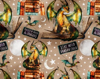 Raised By Books & Dragons (Earth) - Fabric Printed By The Yard - Polyester 4 Way Stretch - Cotton Fabric - Dragon Book Fabric