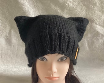 Knit Cat Hat, Black Cat Beanie, Cat Ears Toque, Adult Cat hat, handknit