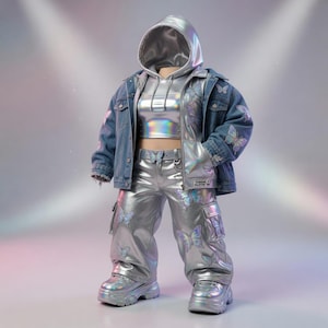 May include: A futuristic outfit featuring a silver metallic crop top, trousers, and platform trainers. A matching hooded jacket and denim jacket with butterfly appliques complete the look. The outfit is displayed on a mannequin.