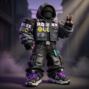 May include: A stylized figure in a black hoodie, denim jacket, and ripped jeans, with purple-laced trainers. The jacket features "ROBLOX UGC" patches and a smiley face. The figure is making a peace sign.