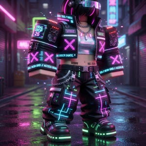 May include: A digital artwork depicting a futuristic avatar in a neon-lit city. The avatar is dressed in a black jacket with pink and blue neon details, matching trousers, and shoes. The outfit includes the text "VIRAL DROP 26" and "UGC-2026".