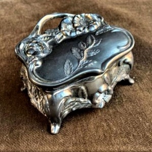 Antique Art Nouveau Metal Small Footed Jewelry/Trinket Box with Hinged Lid