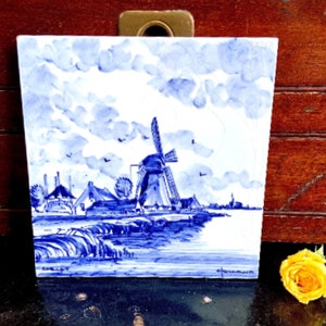 Vintage 6&quot; Delft Blue Transferware Windmill Tile/Architectural Tile