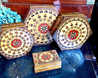 Set of 4 Vintage Folk Art Wooden Boxes Handmade in Poland