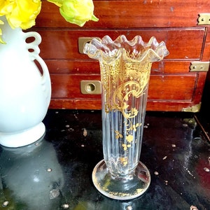 Antique Mont Joye Legras Gilt Glass Pedestal Vase with Scalloped Rim-Unsigned