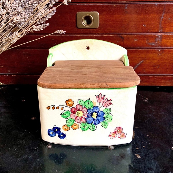 Vintage Ceramic Wall Salt Box with Hinged Wooden Lid Made in Japan