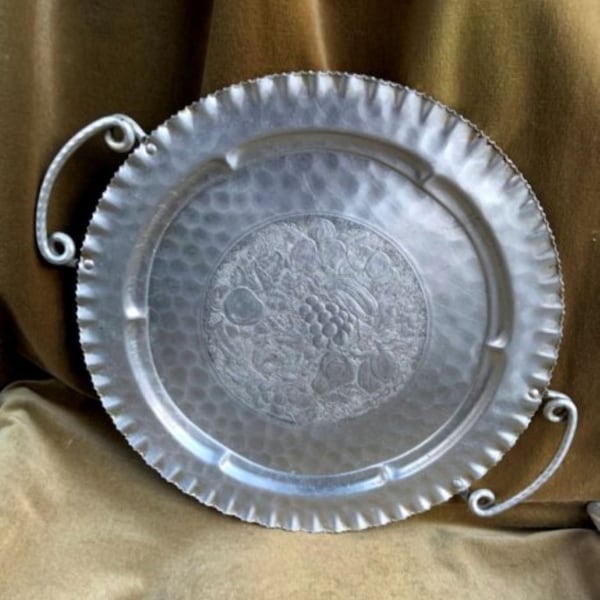 Vintage Round Hammered Aluminum Tray with Handles