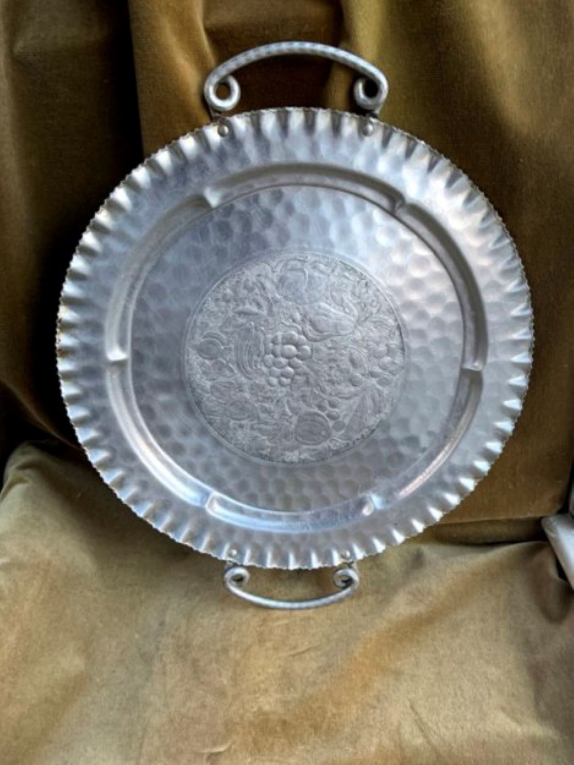 Vintage Round Hammered Aluminum Tray with Handles Etsy