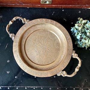 Vintage Brass Footed Etched Dish with Elaborate Handles