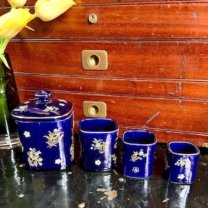 Set of 4 Enameled Cobalt Blue Nesting Tobacco Jars by De Bruyn Fives Lille