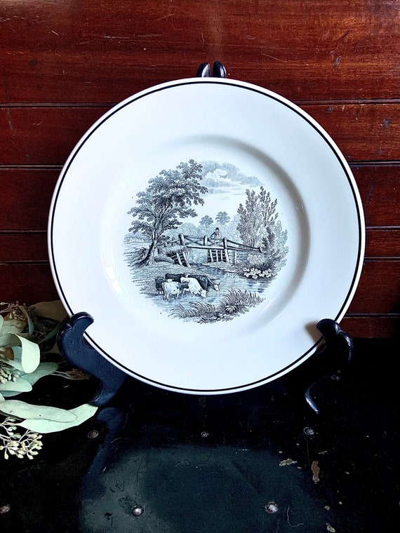 Copeland Spode Black and White Transferware 8.75” Plate - Rural