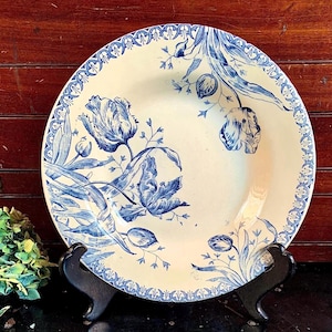 Antique Porcelaine Opaque de Gien Tulipes Terre de Fer Blue Transferware 9” Rimmed Soup Plate