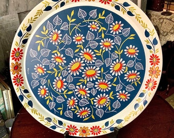 Vintage Pennsylvania Dutch Folk Art 16” Maxey Round Metal Tray