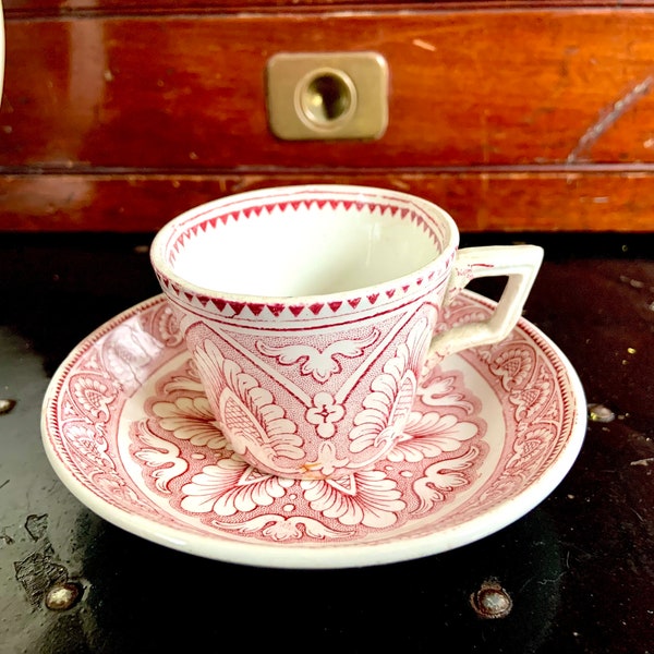 Antique Mulberry Transfer Staffordshire Child's Teacup and Saucer- Hairline crack