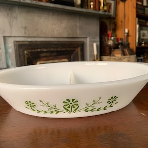 Vintage Oval Milk Glass Divided Dish with Green Daisies