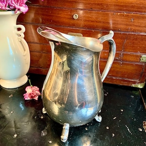 Vintage 8.5” Silver Plated Footed Water Pitcher with Ice Guard