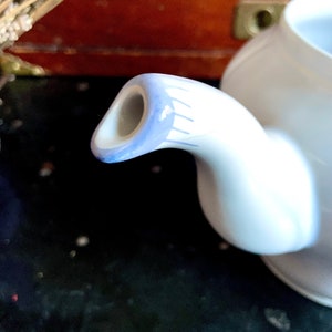 Pu&ograve; includere: Teiera bianca con un design blu e bianco sul beccuccio. La teiera &egrave; appoggiata su una superficie nera.