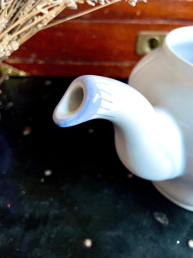 Pu&ograve; includere: Teiera bianca con un design blu e bianco sul beccuccio. La teiera &egrave; appoggiata su una superficie nera.