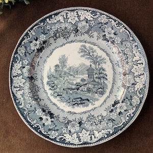 May include: A blue and white porcelain plate with a floral border and a central image of a landscape with a pagoda. The plate has a scalloped edge and a raised rim.