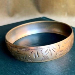 Vintage Brass Hand Engraved Wide Bangle Bracelet