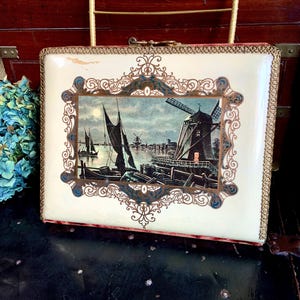 Victorian Velvet and Celluloid Windmill Lithograph Cover Photo Album with Stand and Drawer/Condition Issues