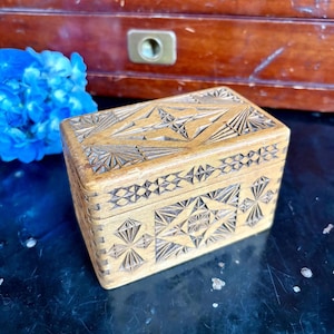 Vintage Small Hand-Carved Wood Box with Hinged Lid