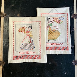 Set of 2 Vintage Hand Embroidered Kitchen Towels/Days of the Week/Sunday and Monday Only